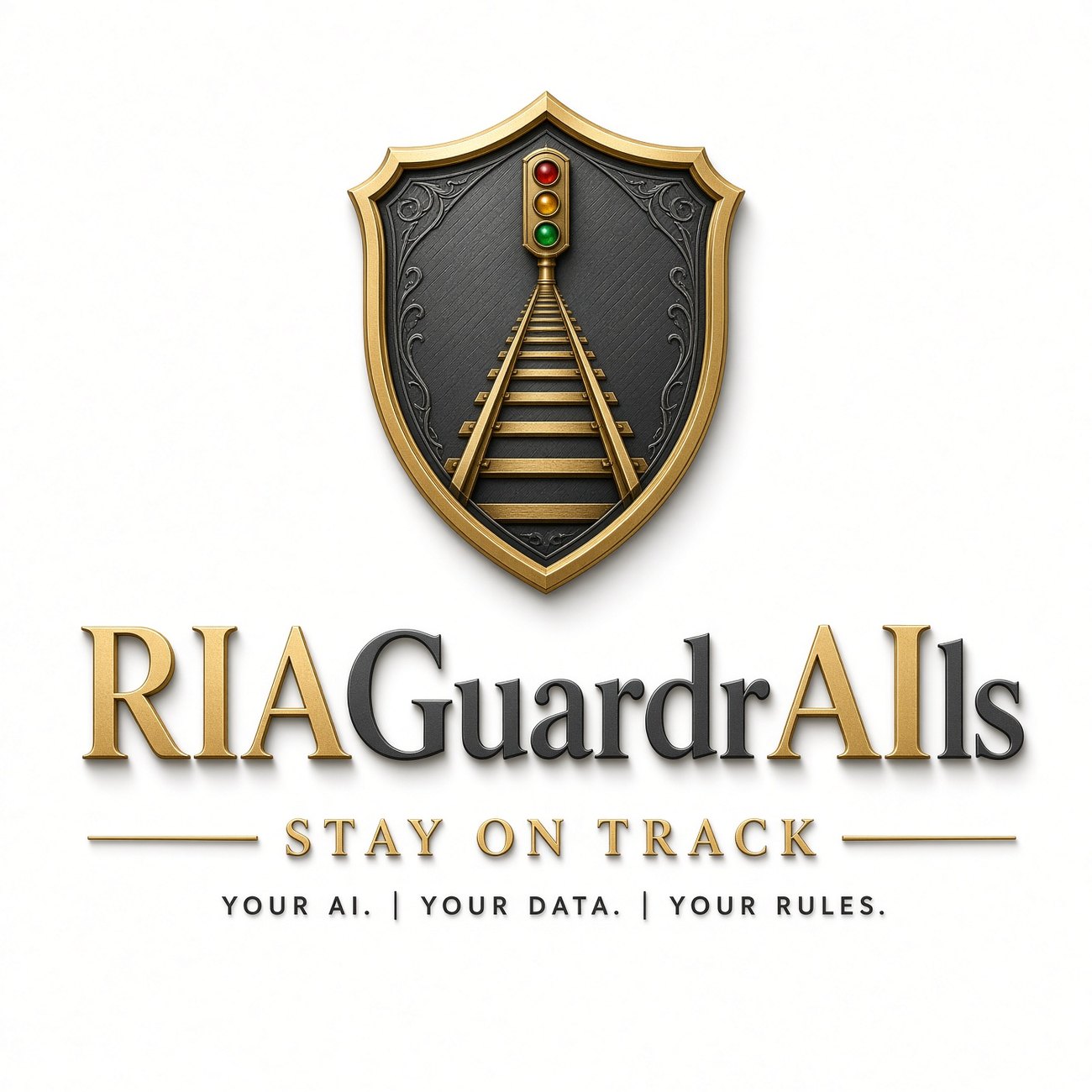 RIAGuardrAIls — gold shield emblem with railway signal, over the wordmark and the line: Stay on track. Your AI, your data, your rules.